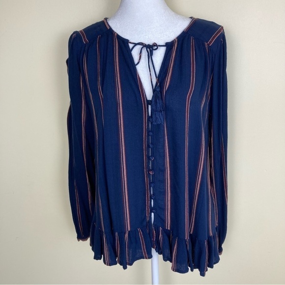 American Eagle Boho Relaxed Peasant Blouse Ruffled Navy/Rust Brown Size S - Picture 1 of 16